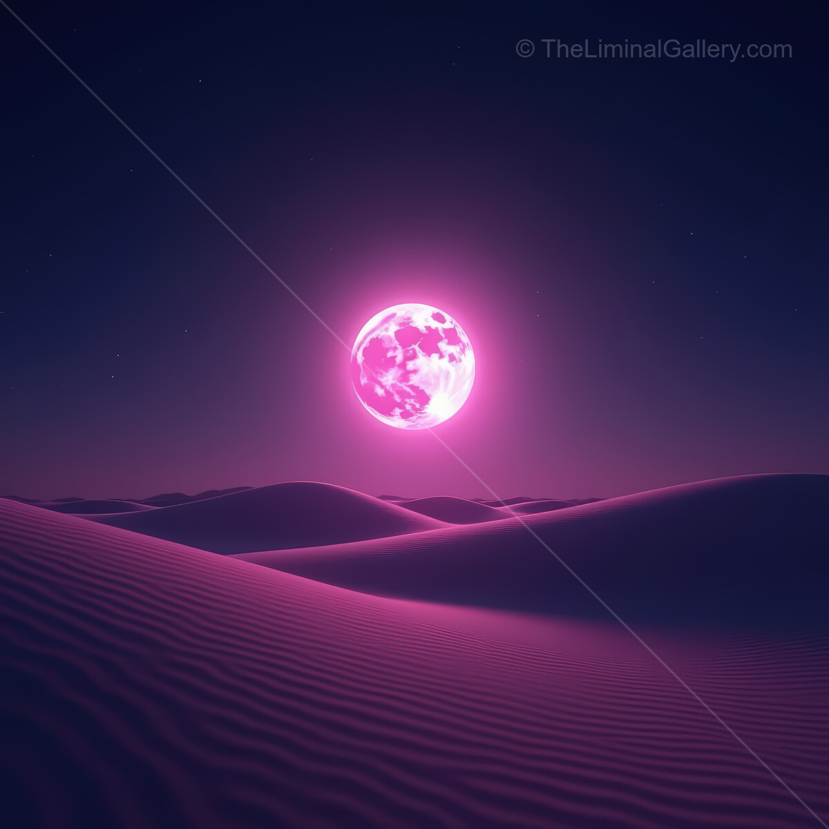 Vibrant synthwave desert under a glowing pink moon illuminating endless sandy dunes