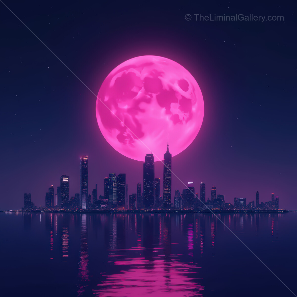 Neon dreams awaken in a synthwave city under a glowing pink moon
