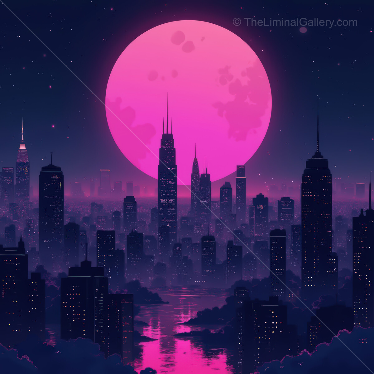 Vibrant synthwave city skyline under a glowing pink moon with reflections shimmering on the water
