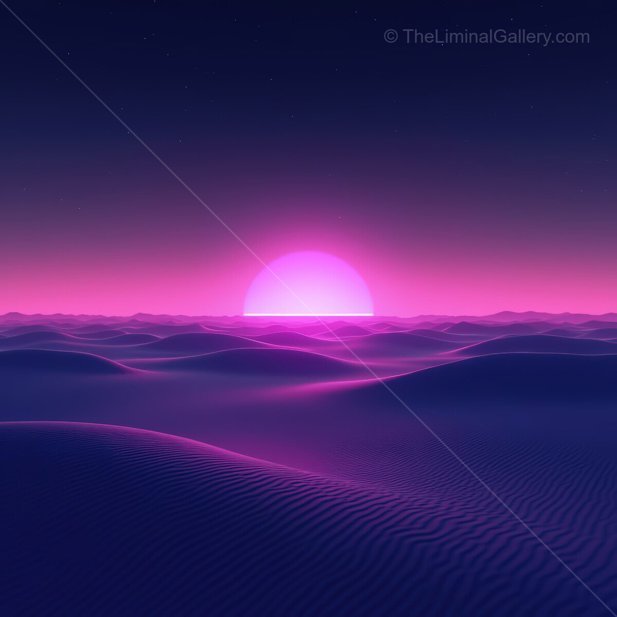Vibrant synthwave desert at twilight with a glowing pink sun over rolling dunes