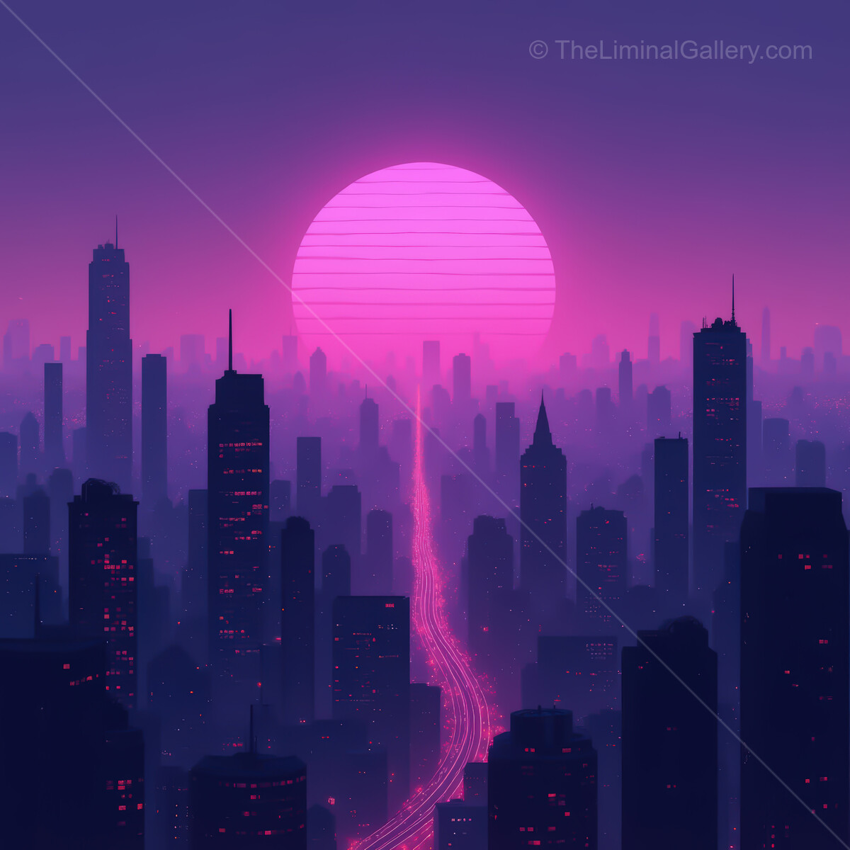 Vibrant synthwave cityscape under a glowing pink sunset with neon lights illuminating the skyline