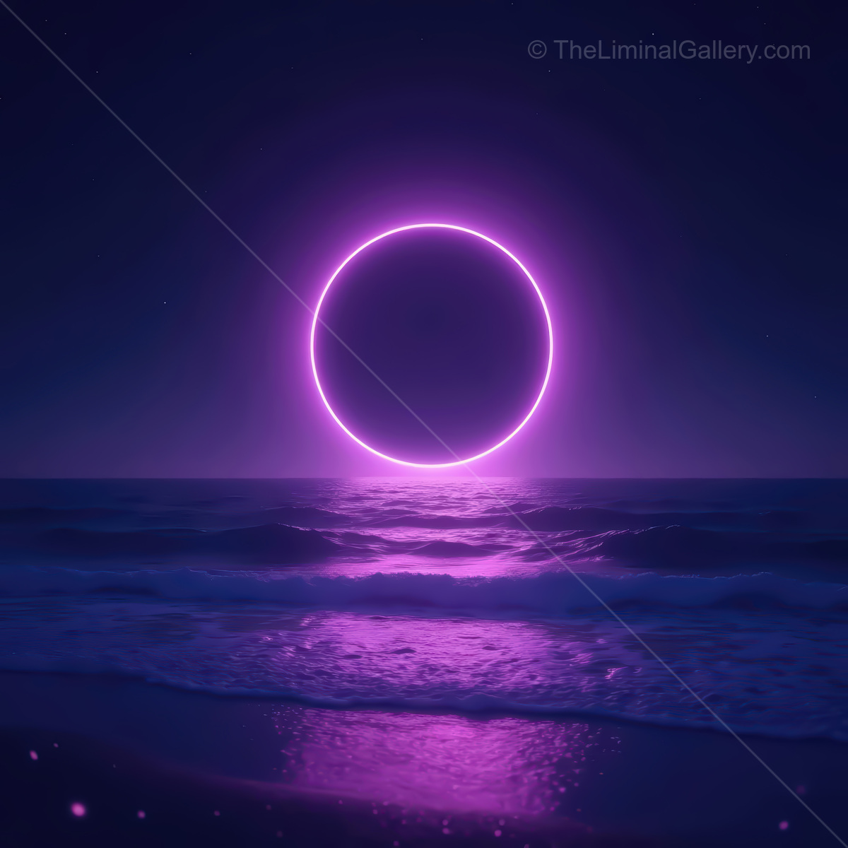 Vivid synthwave ocean under a glowing purple circle at night