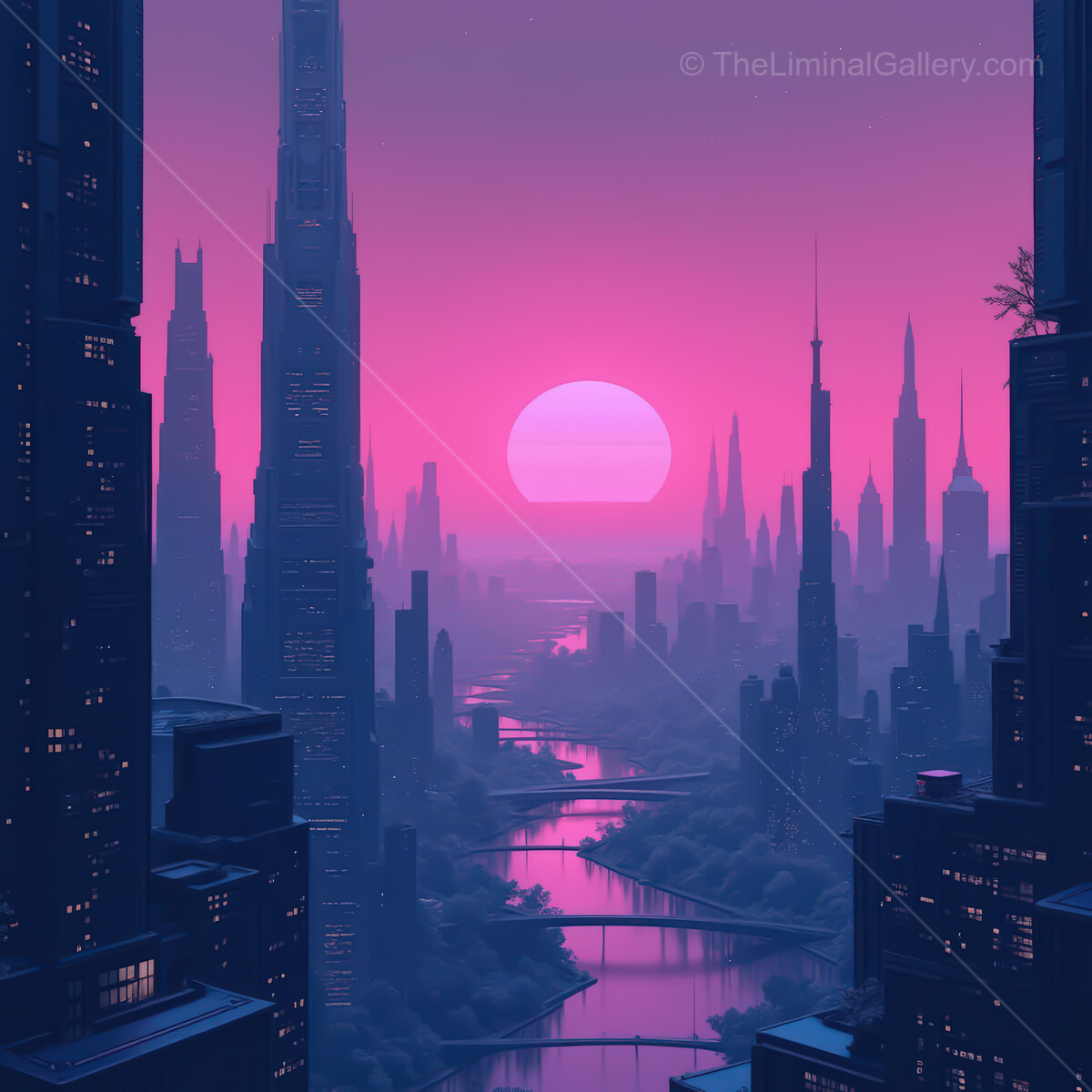 Vibrant synthwave cityscape at dusk with glowing sunset over futuristic skyline
