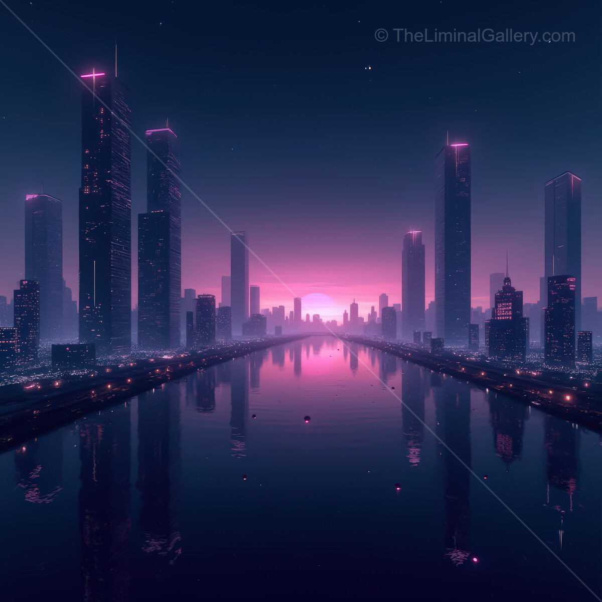 Dreamy synthwave skyline at twilight with glowing towers and reflective waters