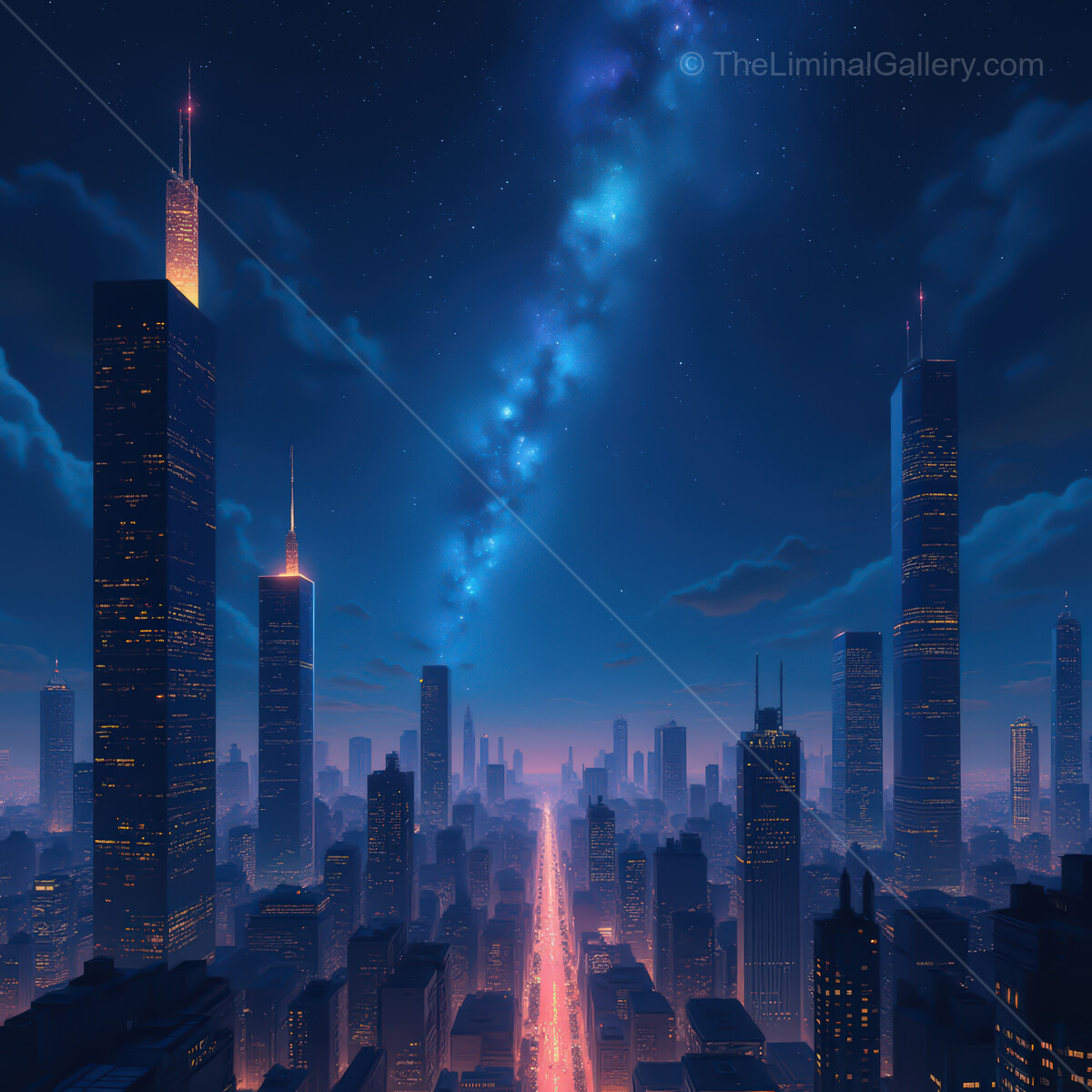 Vibrant synthwave cityscape with glowing towers and starry sky at night