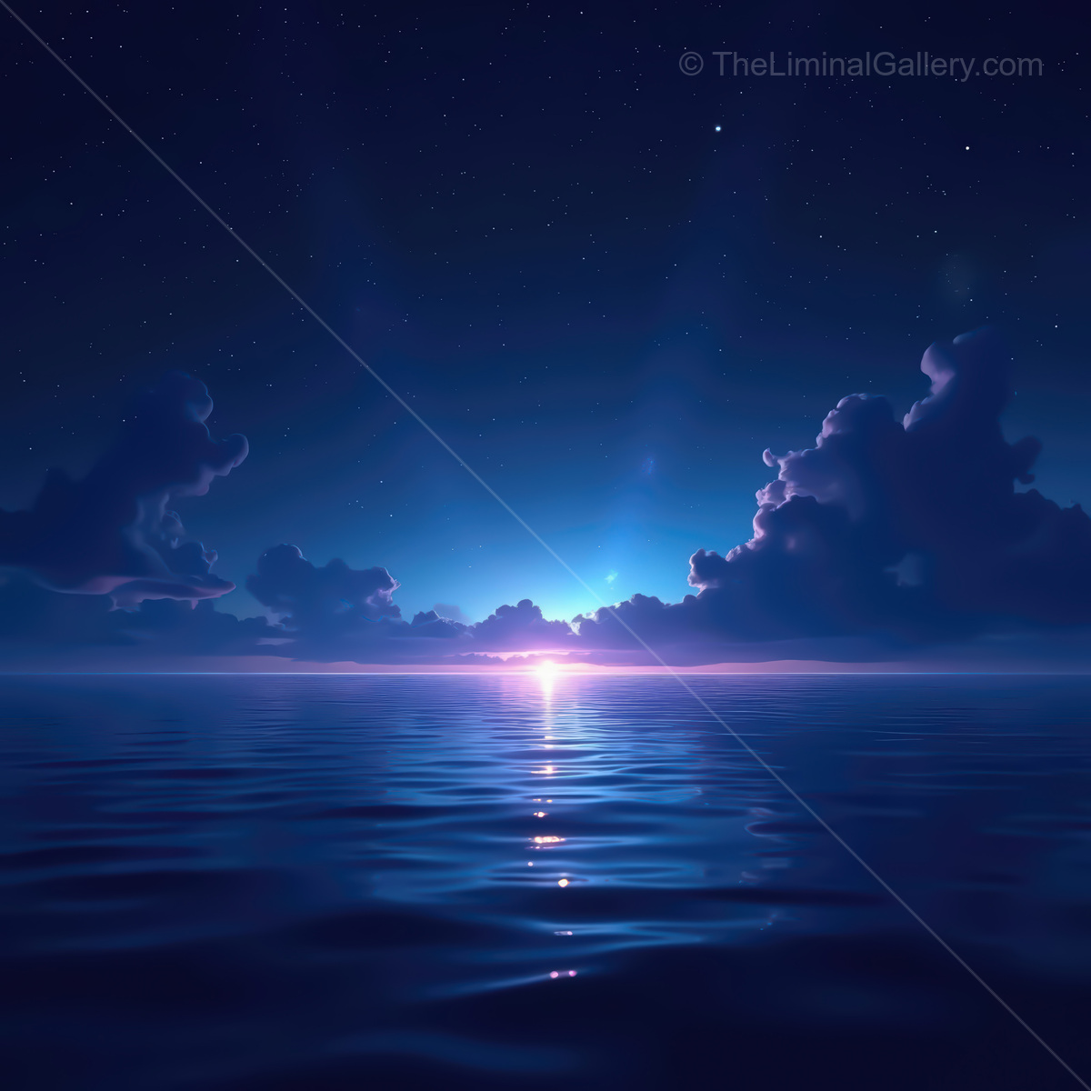 Glowing synthwave ocean at twilight with radiant reflections on calm waters and a starry sky
