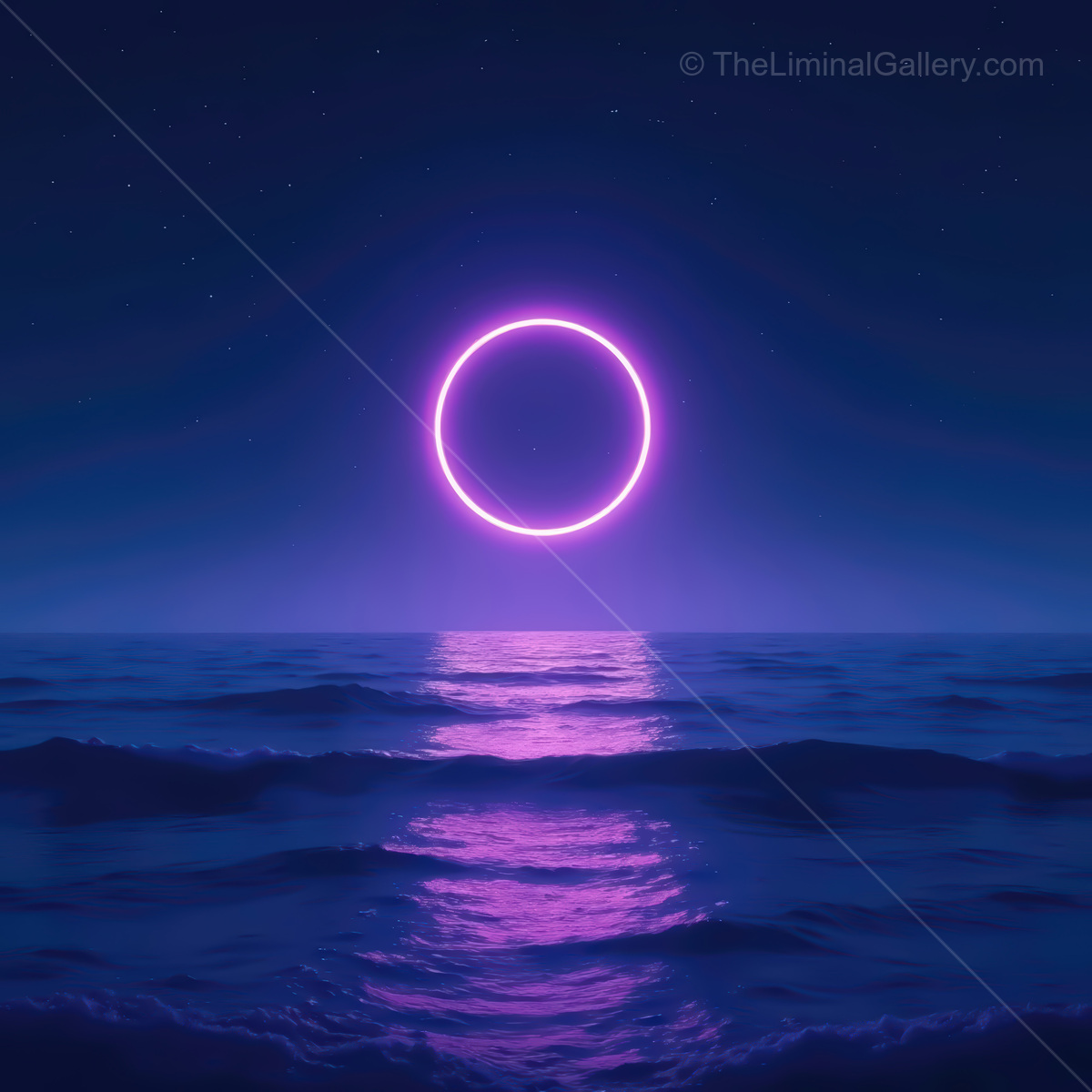 Mystical synthwave ocean with glowing purple moon reflecting on serene waters