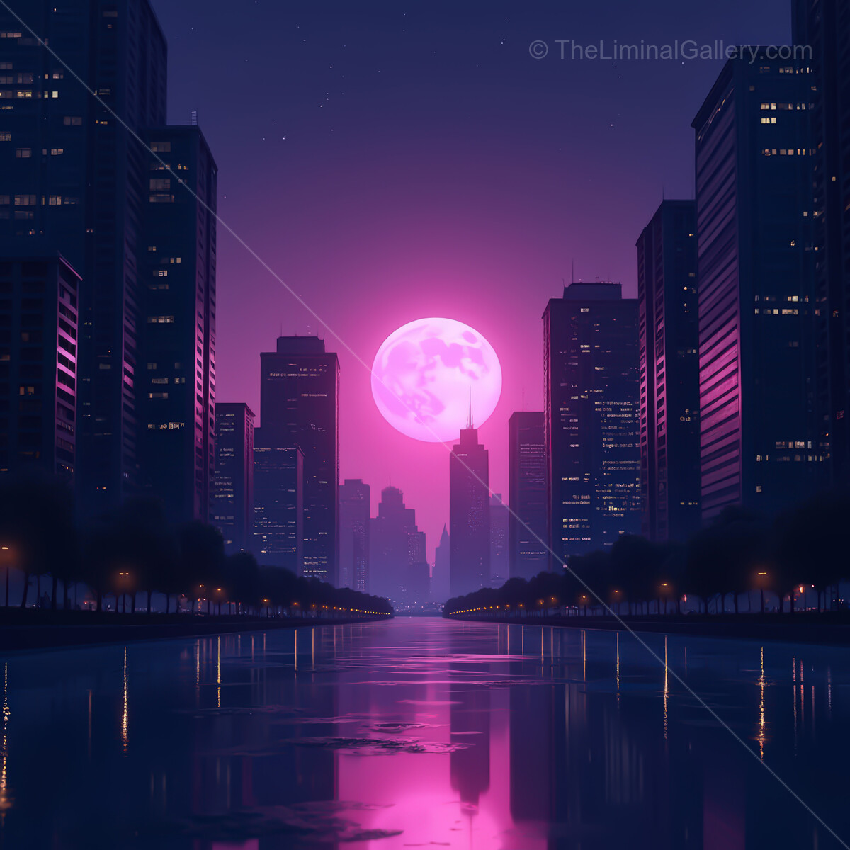 Vibrant synthwave cityscape under a luminous pink moon casting reflections on serene waters