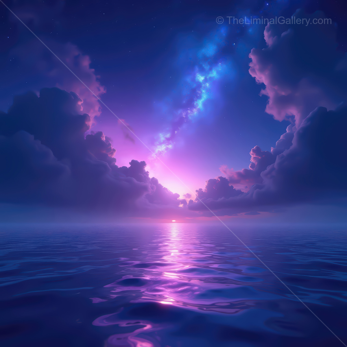 Vibrant synthwave ocean under a cosmic sky glowing with purple hues at dusk