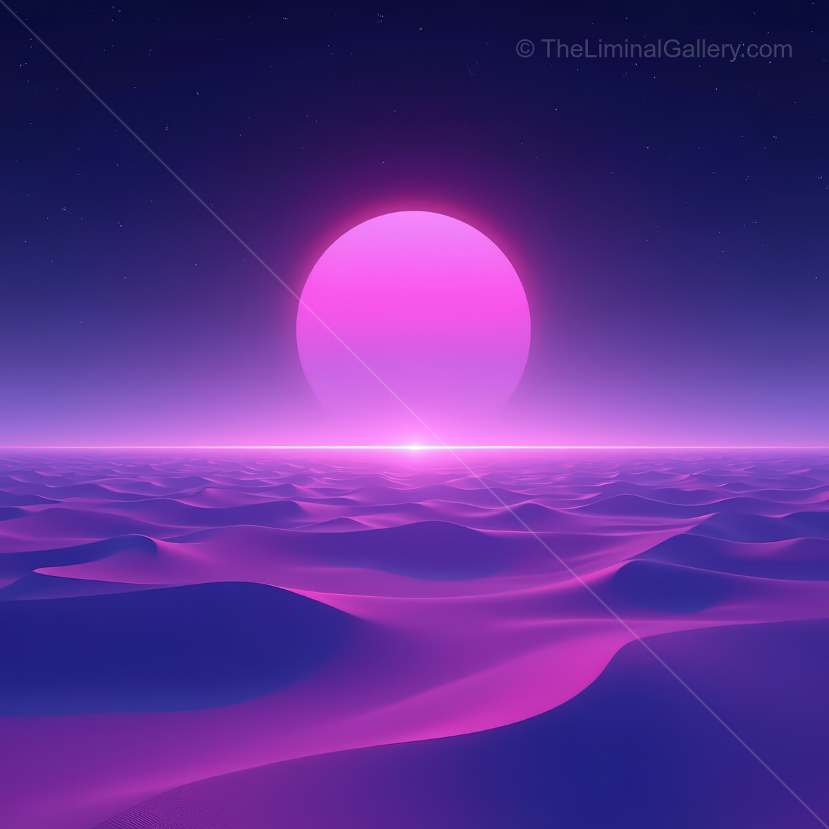 Vibrant synthwave desert at sunset with a massive glowing pink sun over rolling dunes
