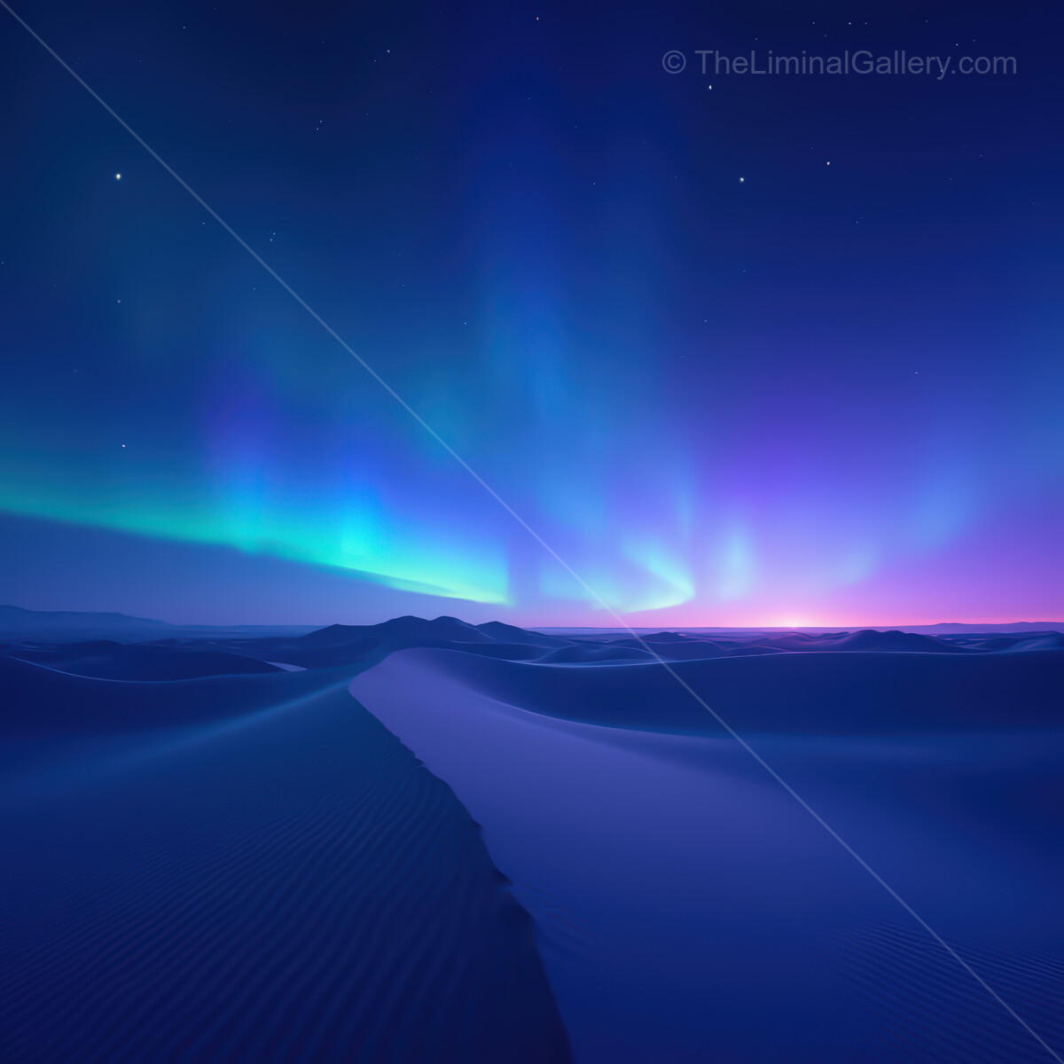 Stunning synthwave desert under a mesmerizing aurora borealis at twilight