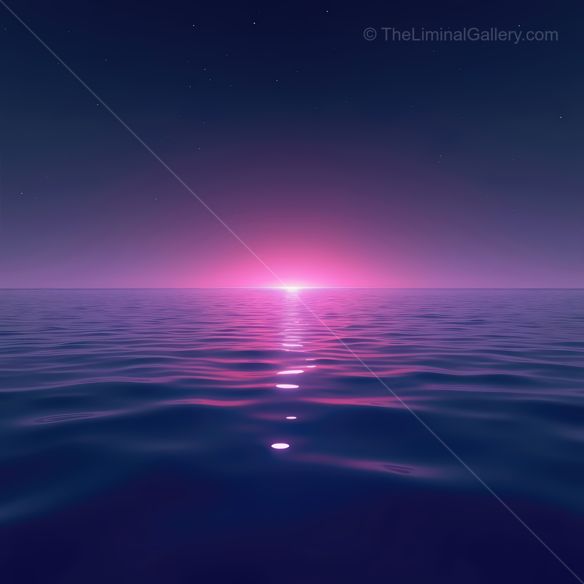 Vibrant synthwave ocean at twilight with glowing horizon and tranquil waters