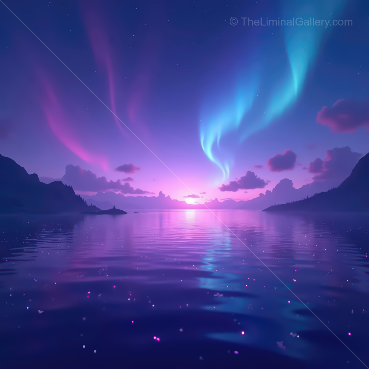 Vibrant synthwave ocean under a cosmic sky filled with swirling colors and serene reflections at dusk