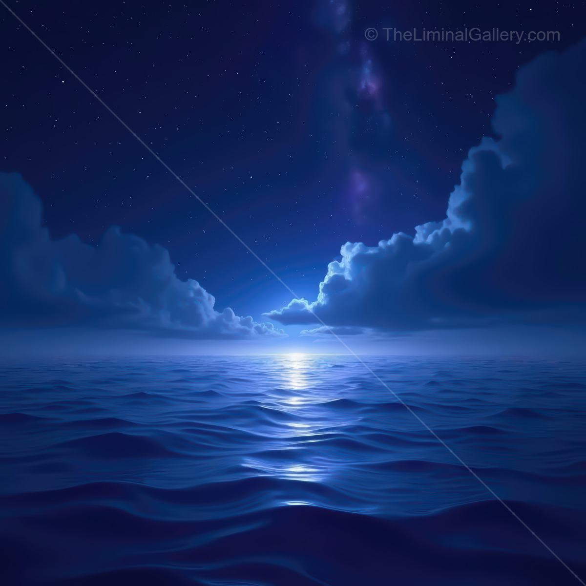 Vibrant synthwave ocean under a starry night sky with glowing waves and dreamy clouds