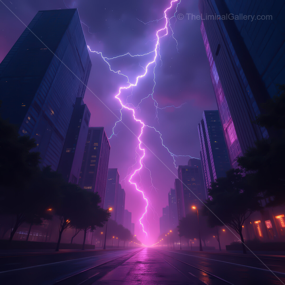 Electric storm illuminates a neon cityscape under a vibrant synthwave sky