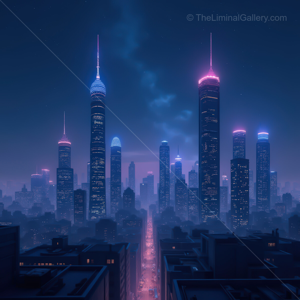 Vibrant synthwave cityscape glowing under the night sky, where towering skyscrapers meet futuristic lights and dreamlike haze