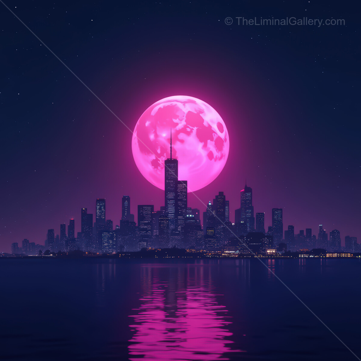 Neon dreams illuminate a synthwave city under a radiant full moon at night