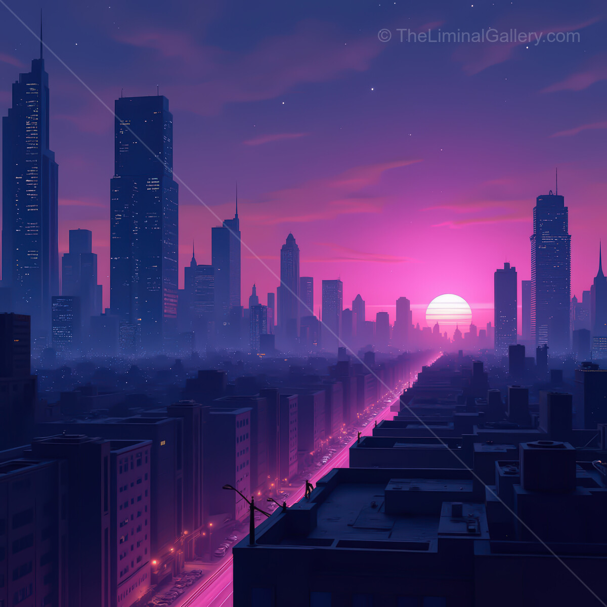 Vibrant synthwave city at sunset transforms the skyline into a neon dreamscape