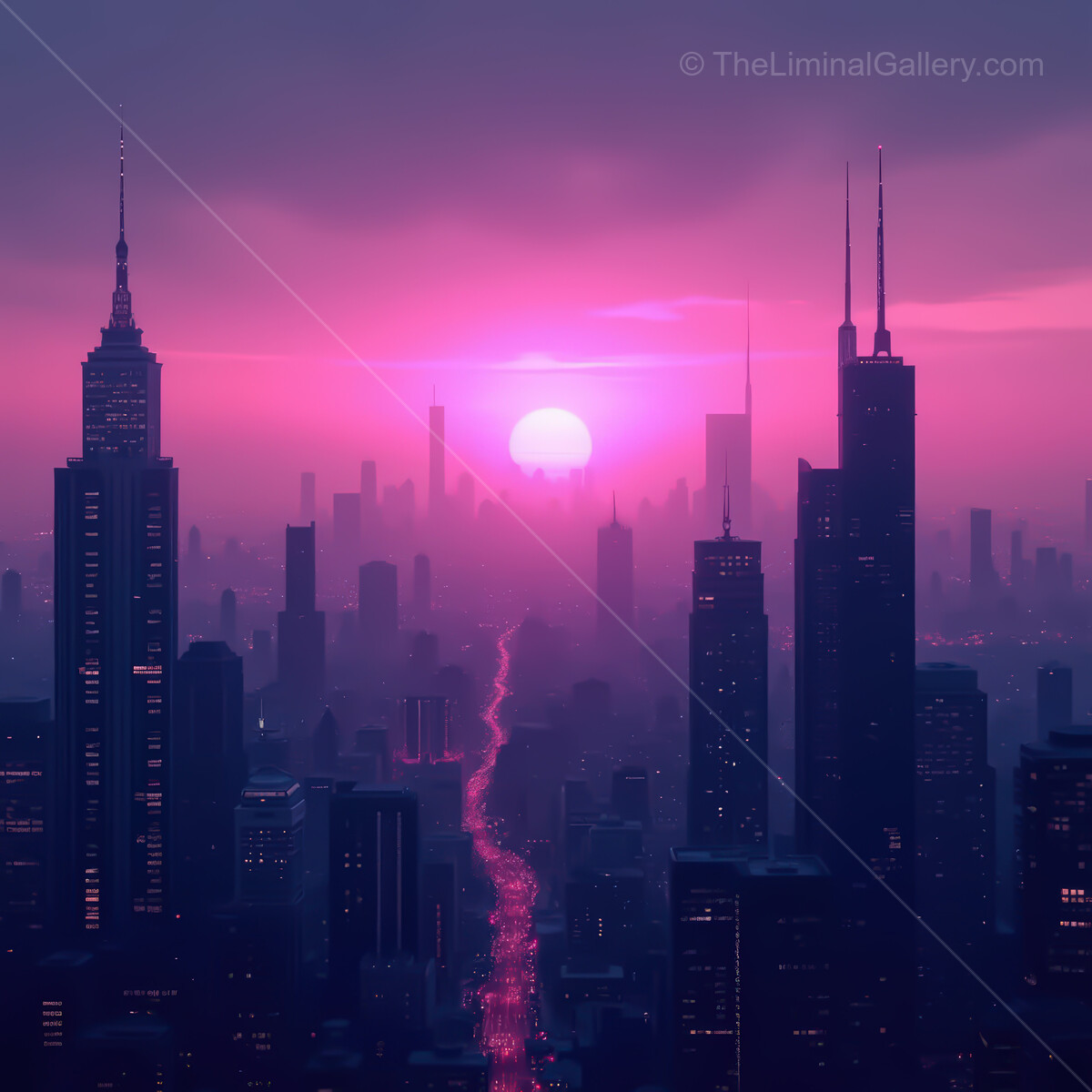 Vibrant sunset casts a neon glow over a synthwave city skyline filled with towering skyscrapers