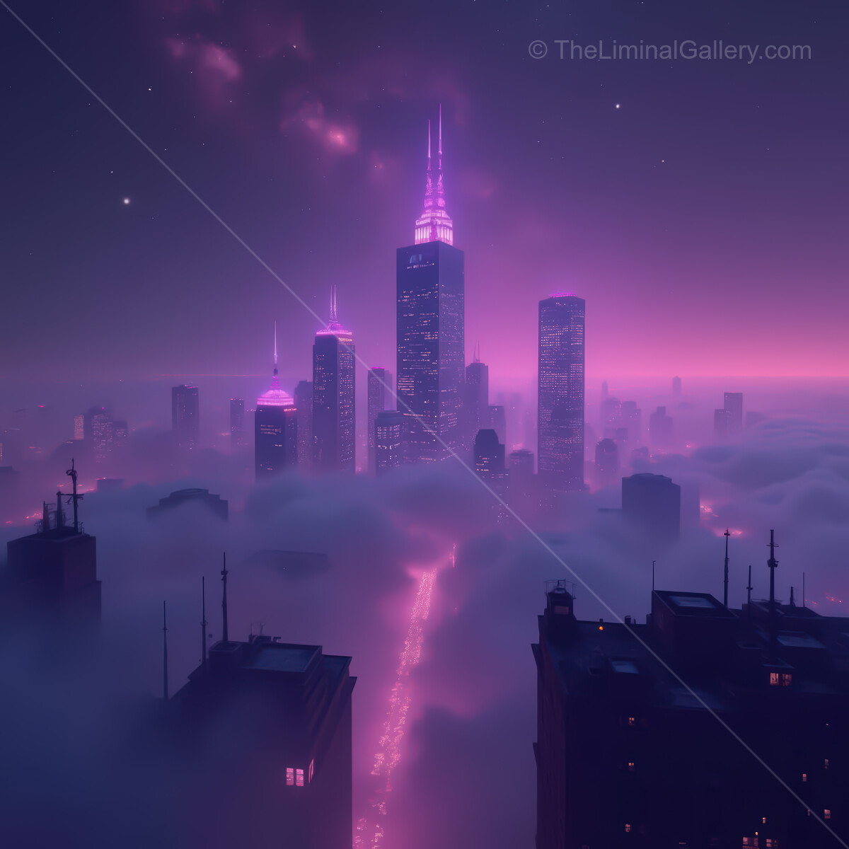 Vibrant synthwave cityscape glowing in neon hues at twilight