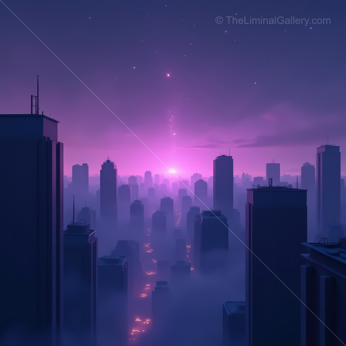 Vibrant synthwave city bathed in neon hues with mystic fog and glowing skyline at twilight