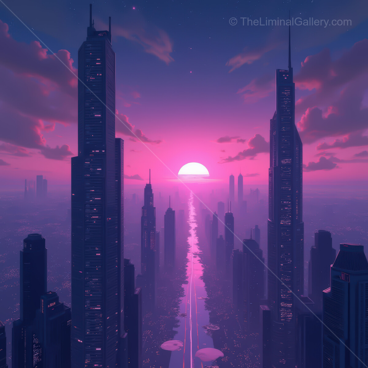 Vibrant synthwave city skyline at sunset glowing with neon hues and towering skyscrapers reflecting on tranquil waters below