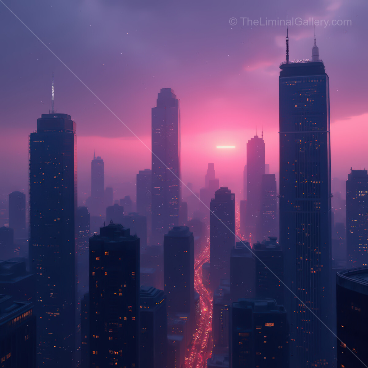 Vibrant synthwave city skyline at dusk with neon hues illuminating the urban landscape