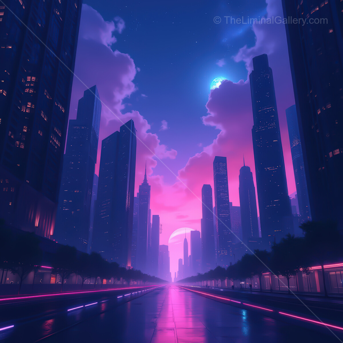 Vibrant synthwave cityscape at dusk with towering skyscrapers and neon hues illuminating the skyline
