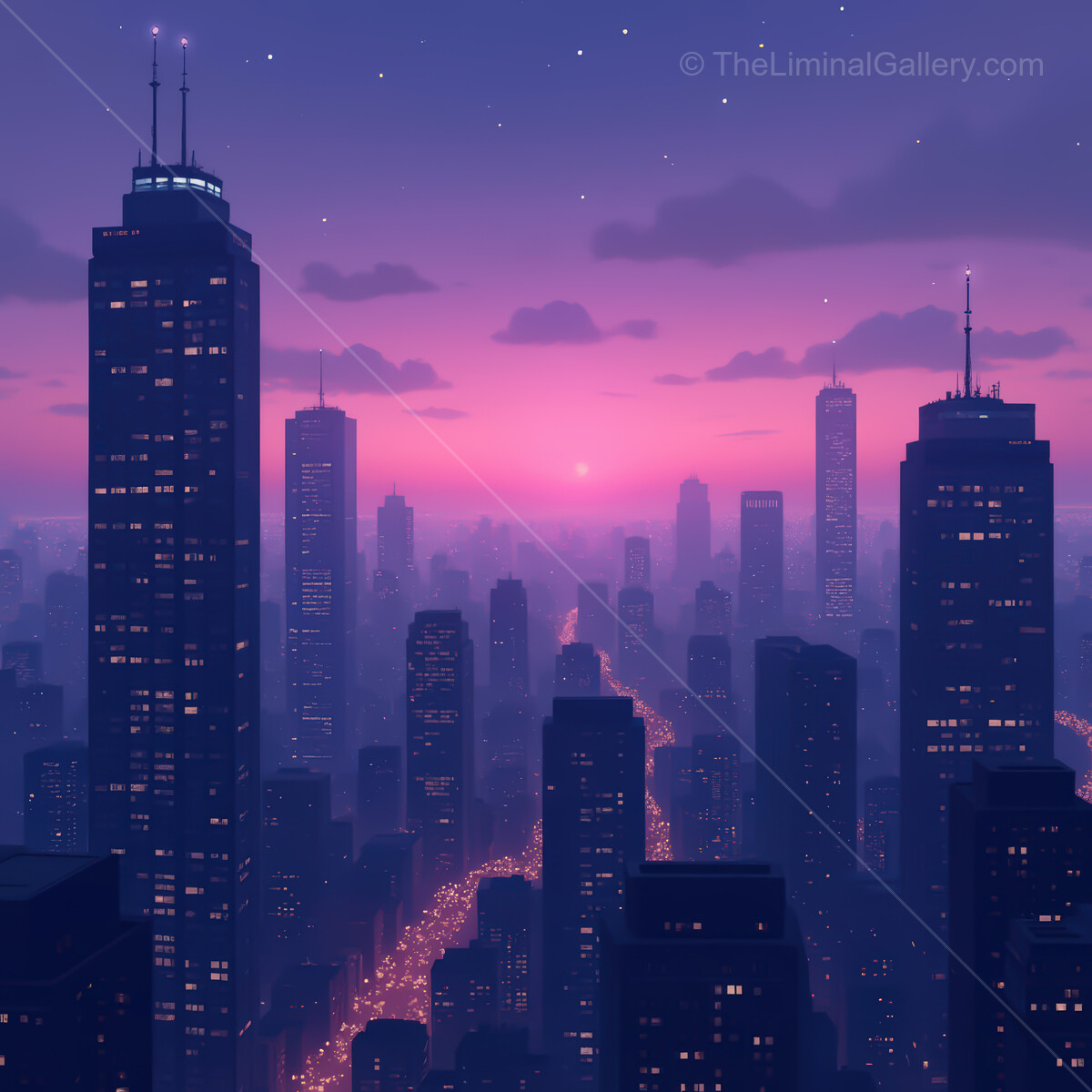 Neon dreams illuminate a bustling synthwave cityscape at twilight