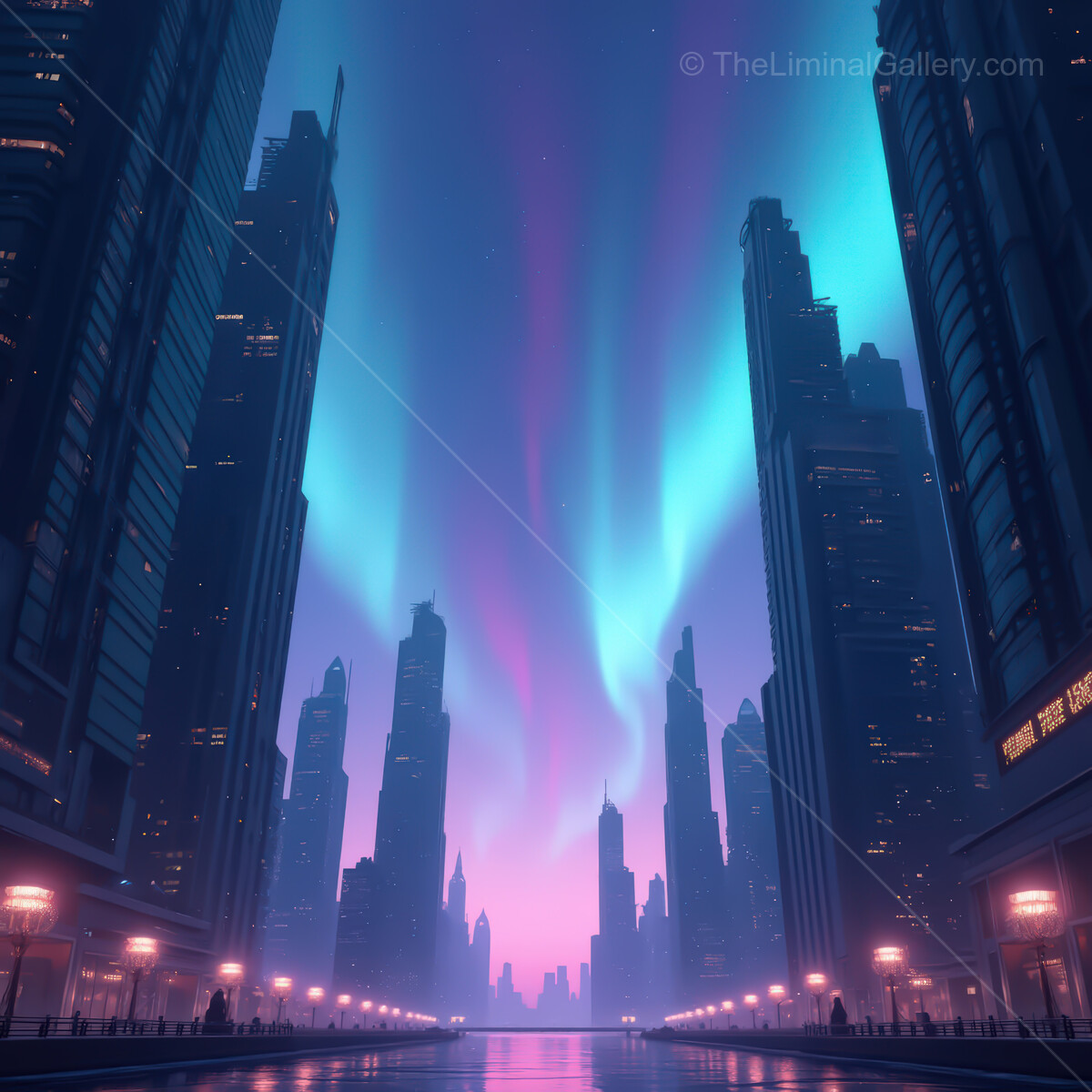 Vibrant synthwave cityscape at dusk filled with neon lights and a stunning aurora in the sky