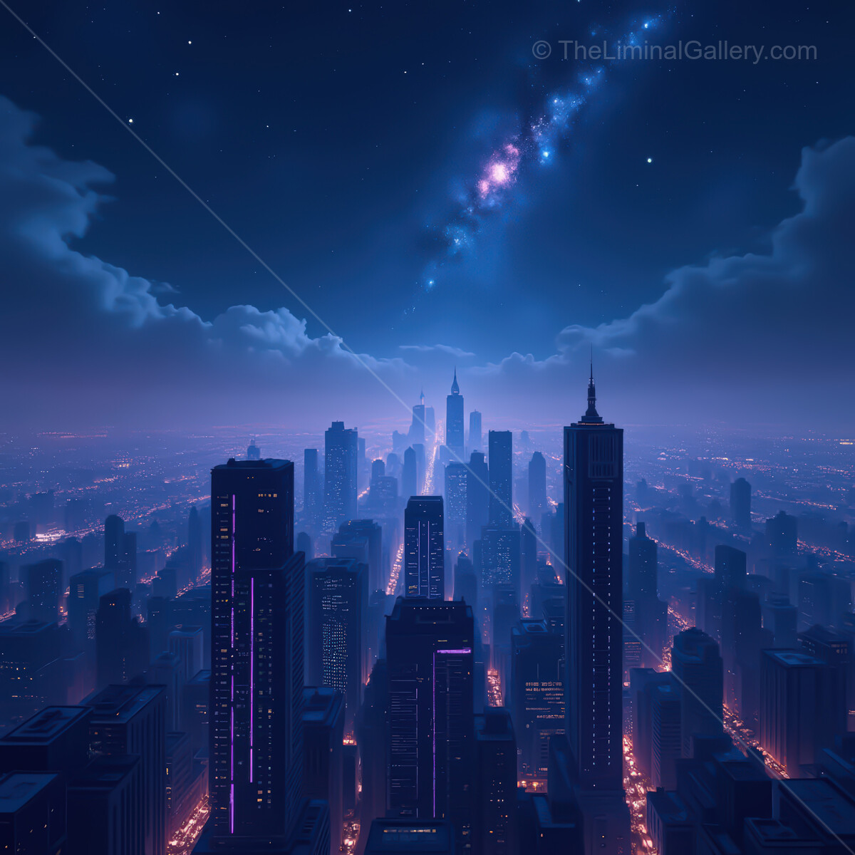 Vibrant synthwave city glowing under starry sky, with neon lights illuminating towering skyscrapers and distant galaxies shimmering above