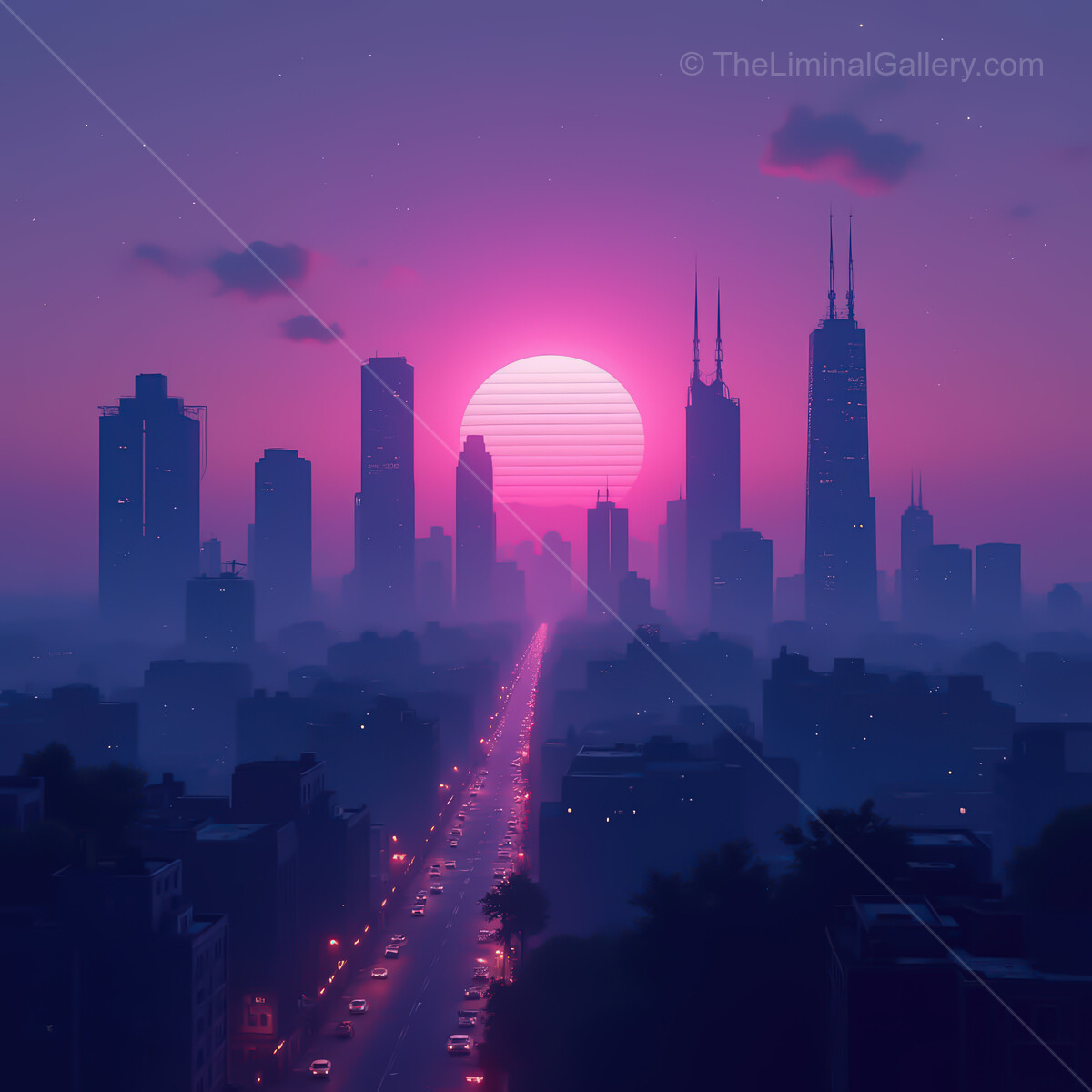 Vibrant synthwave city skyline at sunset with neon lights and towering skyscrapers creating a dreamlike atmosphere