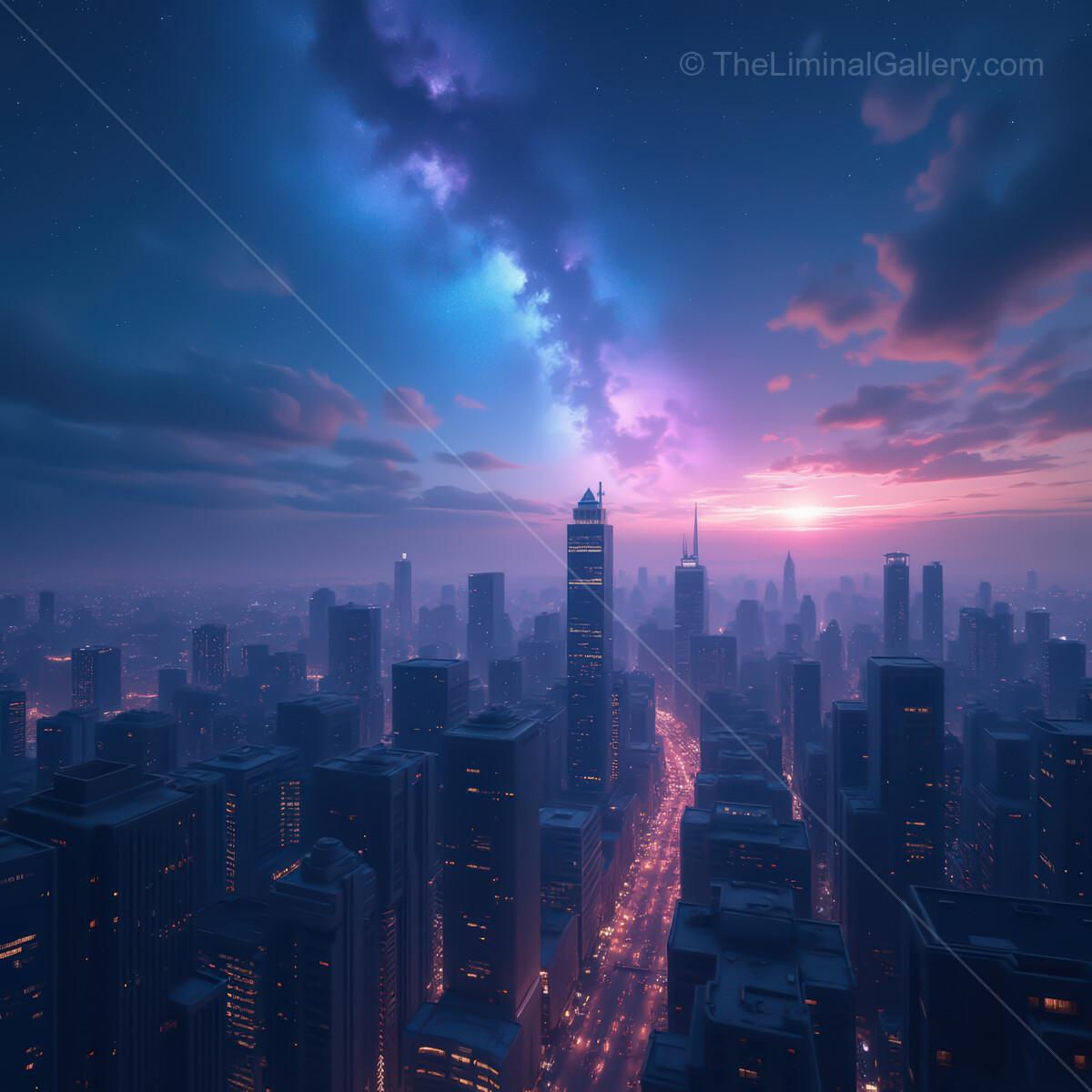 Vibrant synthwave cityscape at dusk with neon lights illuminating the skyline and a dreamy atmosphere