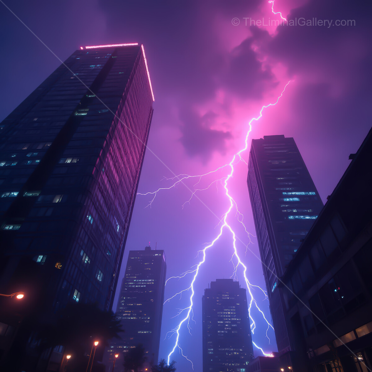 Electric night in a synthwave city with neon lights and lightning illuminating skyscrapers