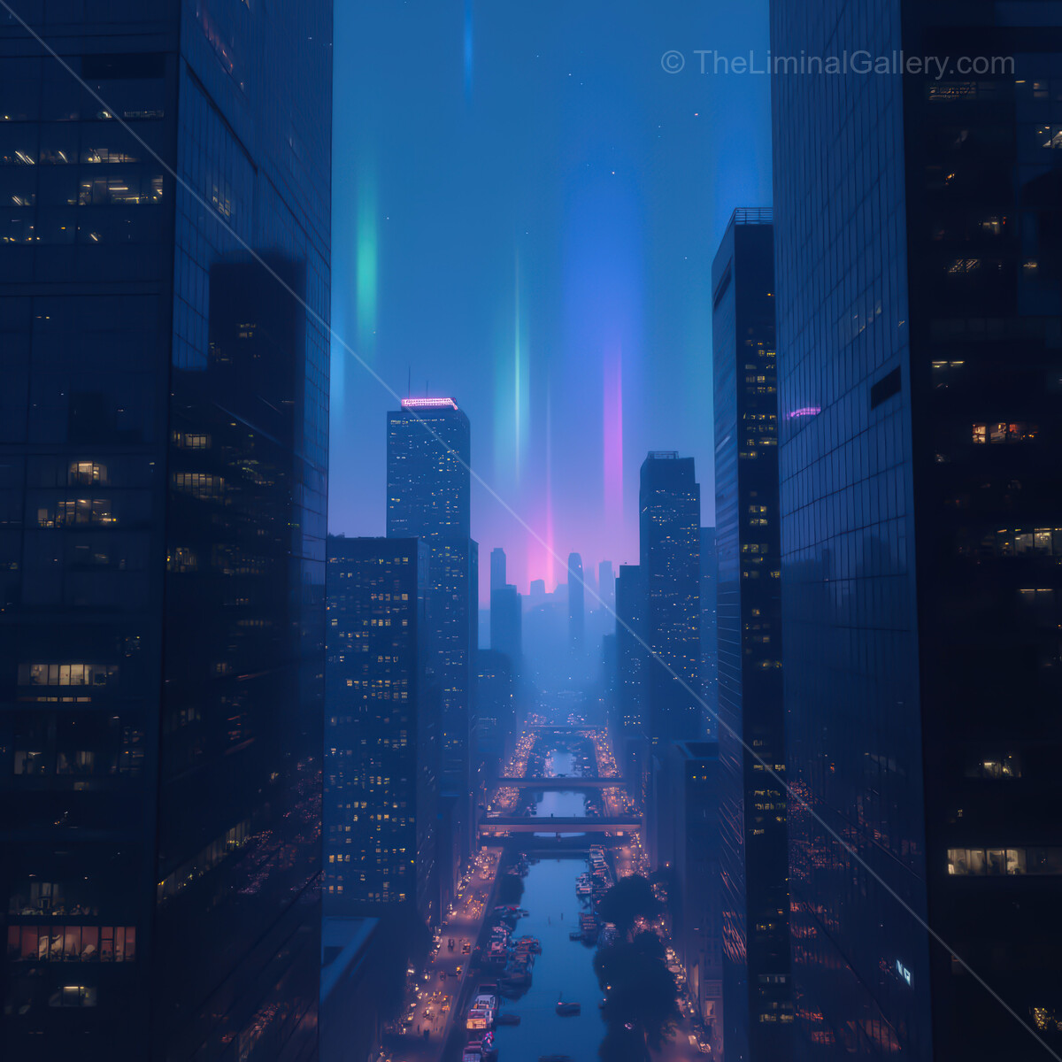 Vibrant synthwave cityscape illuminated by neon lights under a twilight sky filled with magical auroras