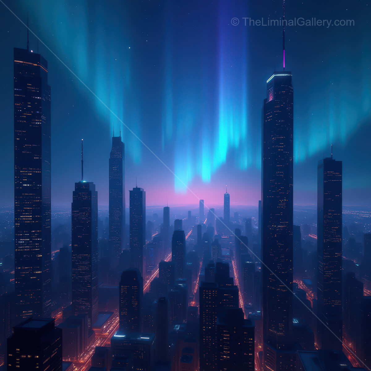 Synthwave city skyline under vibrant auroras and neon lights at night