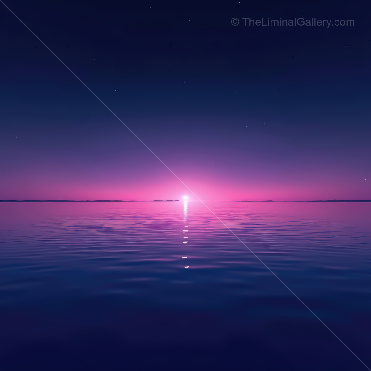 Sunset over a synthwave ocean, where vibrant pinks and purples blend with serene waters and twinkling stars illuminate the horizon