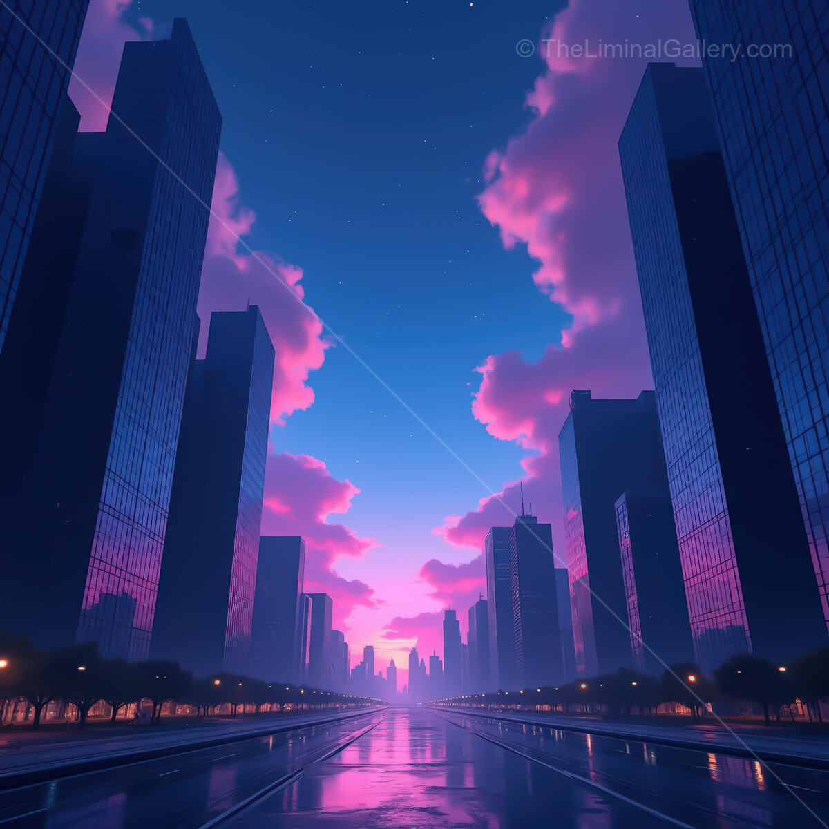 Vibrant synthwave cityscape at dusk with neon reflections and dreamy clouds