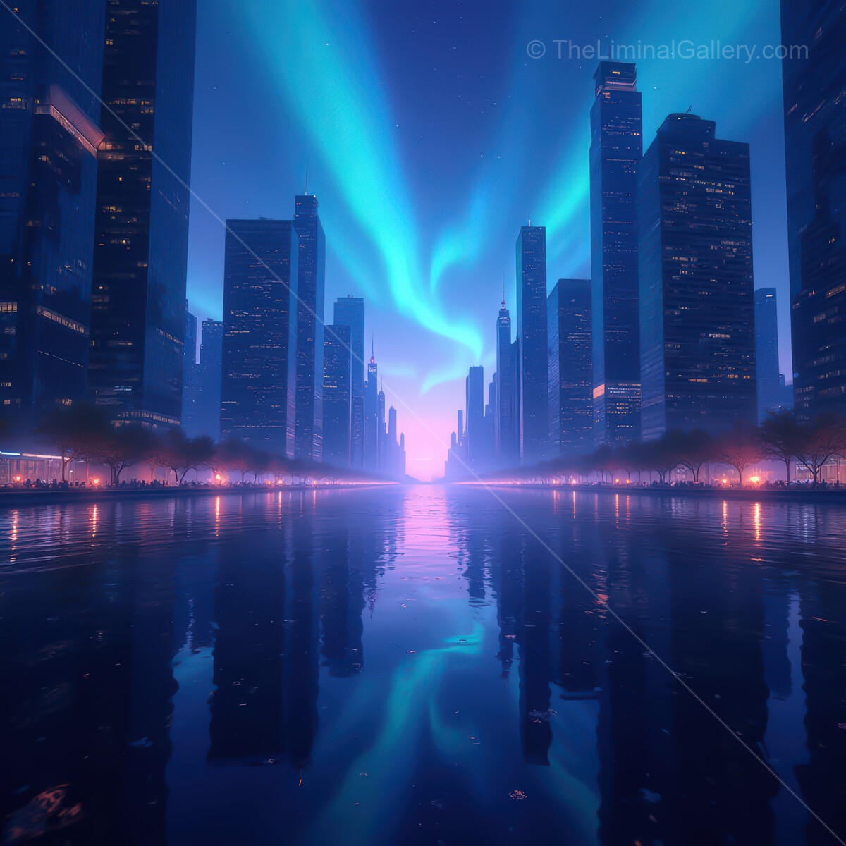 Vibrant synthwave cityscape at twilight with glowing neon reflections on serene waters