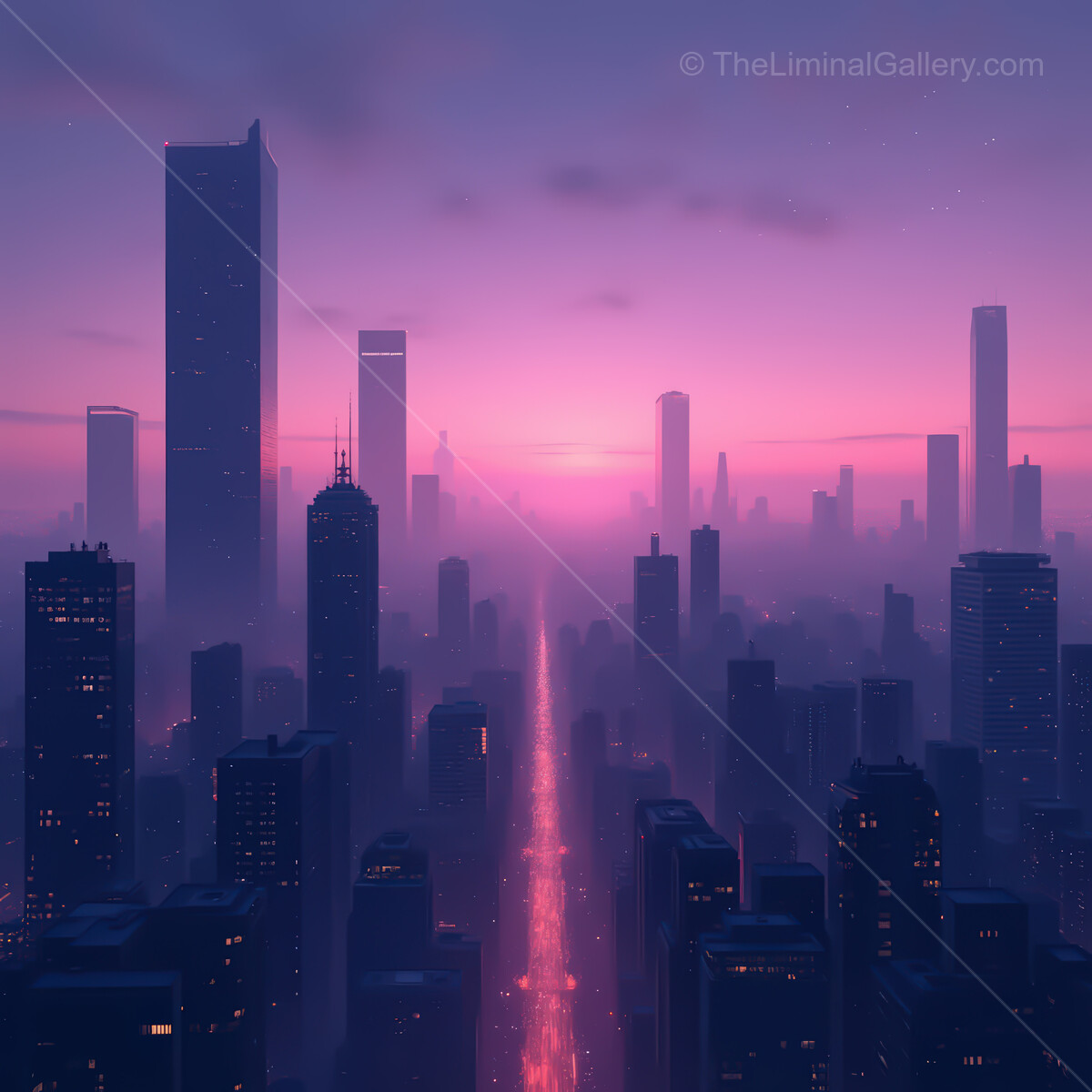 Vibrant synthwave cityscape illuminated by a neon sunrise casting a dreamy glow over towering skyscrapers and bustling streets
