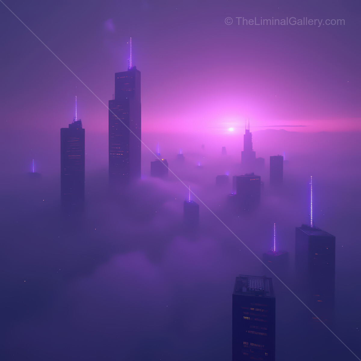 Vibrant synthwave cityscape at dusk shrouded in mist, where neon towers reach for the glowing horizon