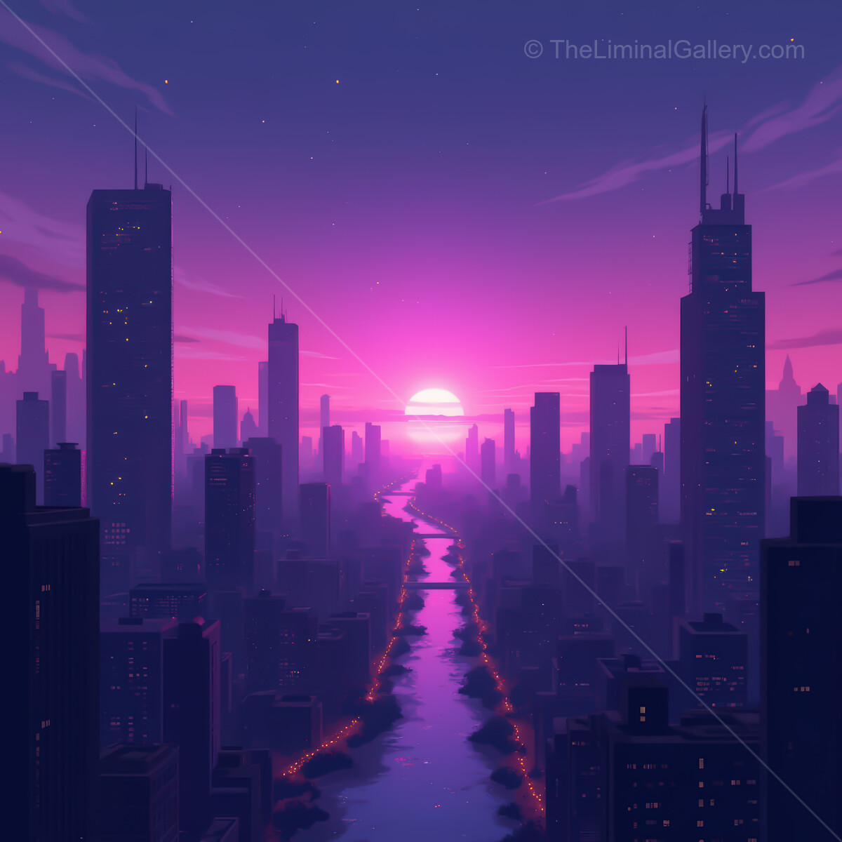 Breathtaking neon twilight envelops a synthwave city skyline as the sun bids farewell over a shimmering river