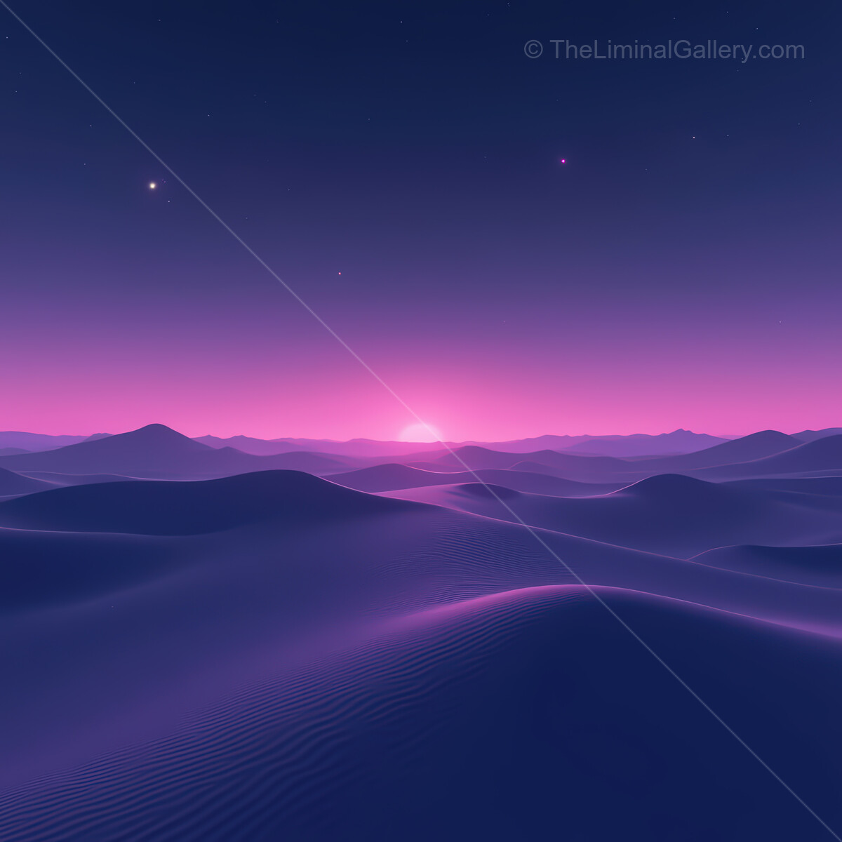 Vibrant synthwave desert landscape at dawn with pastel hues and gentle dunes under a starry sky