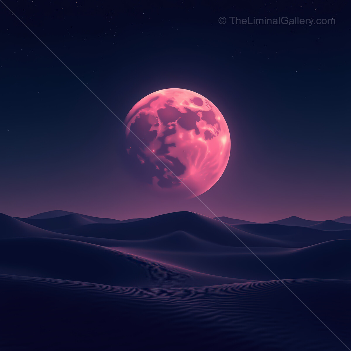 Breathtaking synthwave desert under a pink moon illuminating rolling dunes at twilight, creating a mesmerizing cosmic scene
