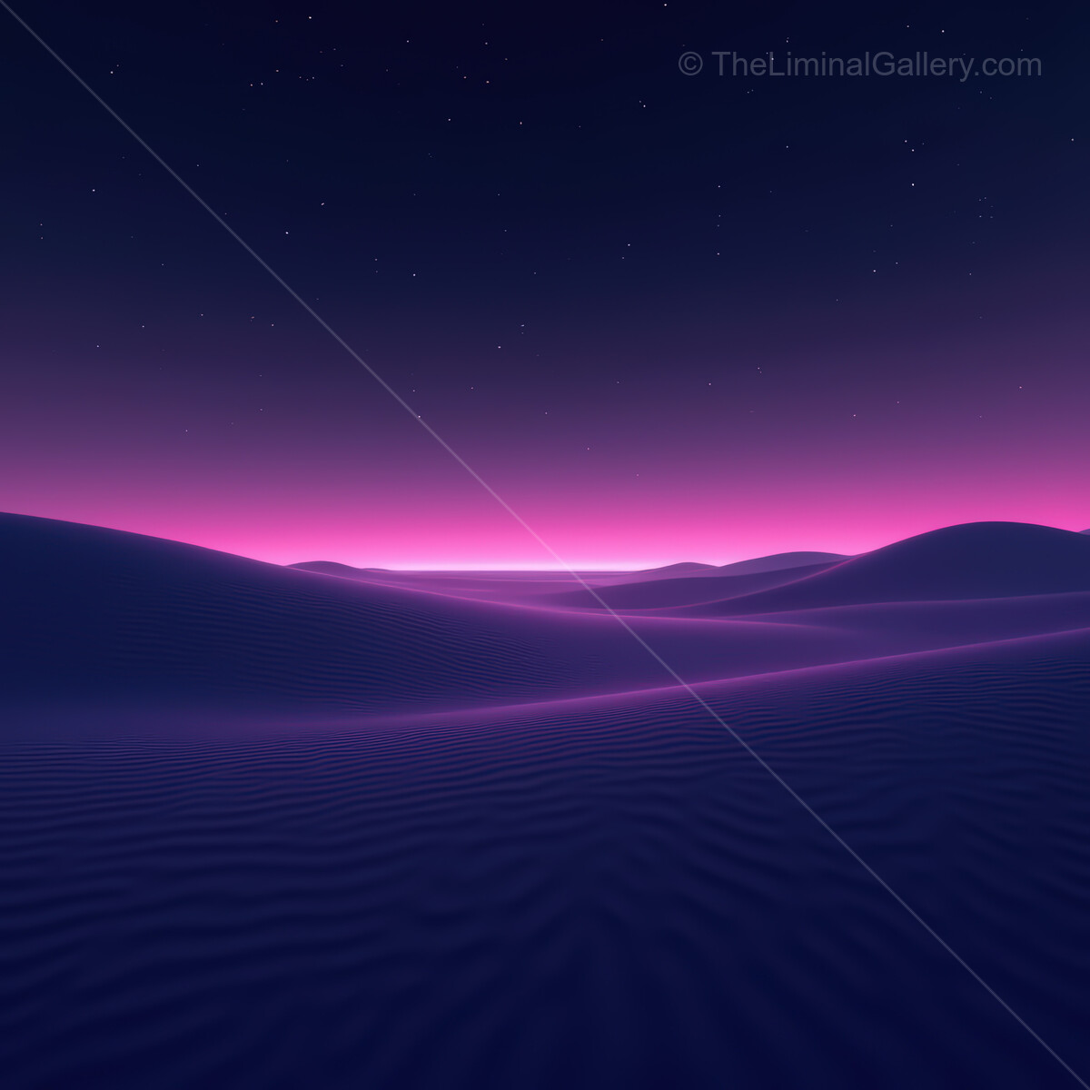 Vibrant synthwave desert landscape under a starlit sky with glowing horizons at dusk