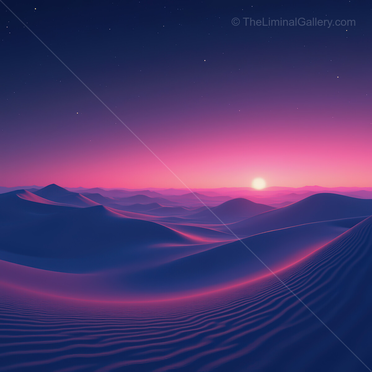 Vibrant synthwave desert landscape at sunset with rolling dunes and a vivid purple sky