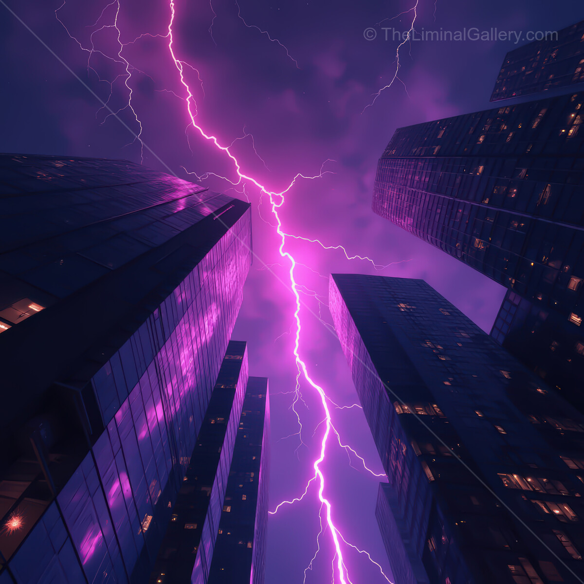 Bright lightning illuminates a futuristic synthwave city under a dramatic purple sky