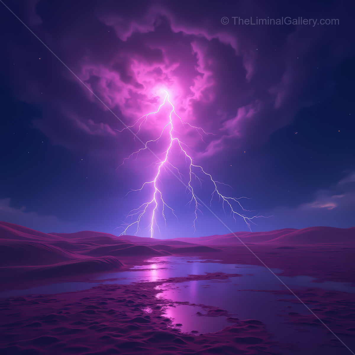 Lightning dances over a vibrant synthwave desert landscape at twilight, creating a mesmerizing spectacle of color and energy in the sky
