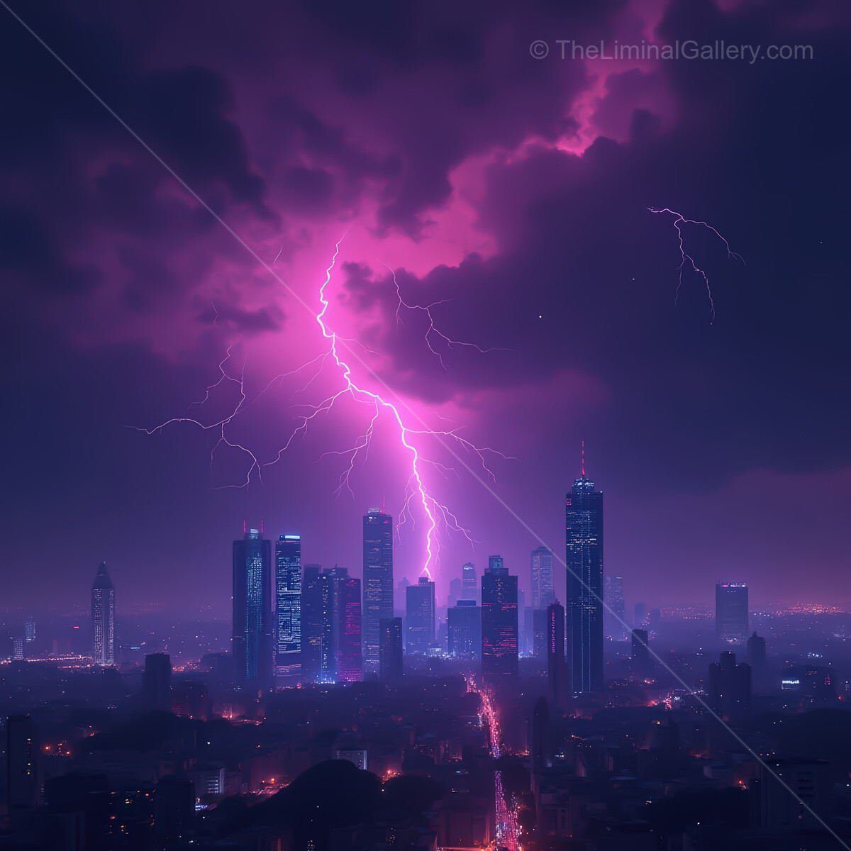 Dramatic synthwave cityscape illuminated by striking purple lightning and vibrant urban lights at night