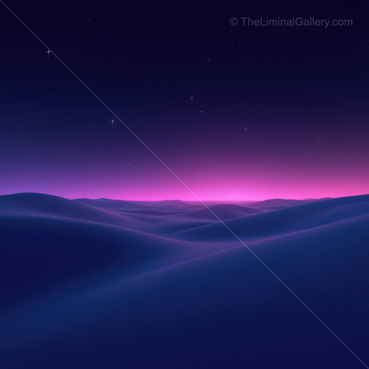 Vivid colors paint a synthwave desert landscape under a starry night sky at twilight, evoking a sense of wonder and nostalgia